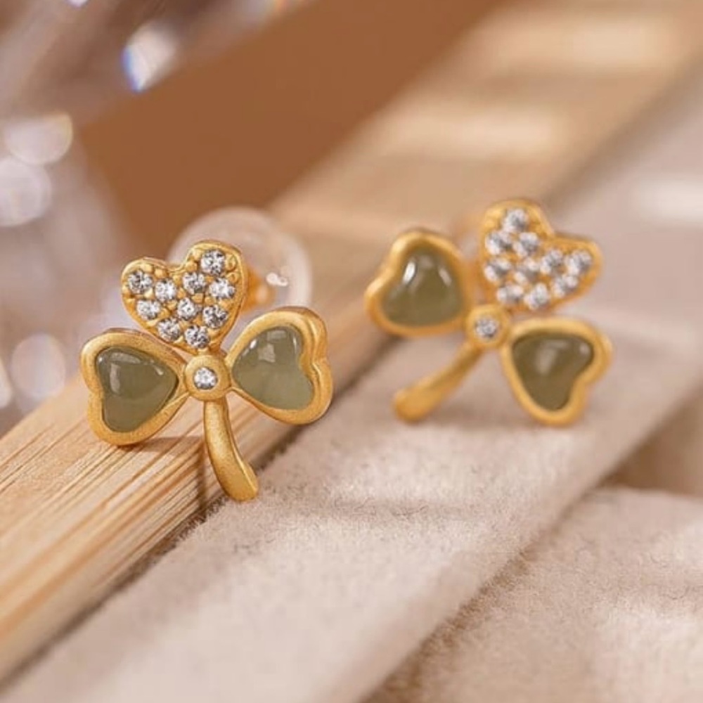 925 Sterling Silver Jade Clover Cute Stud Earring E9-2328